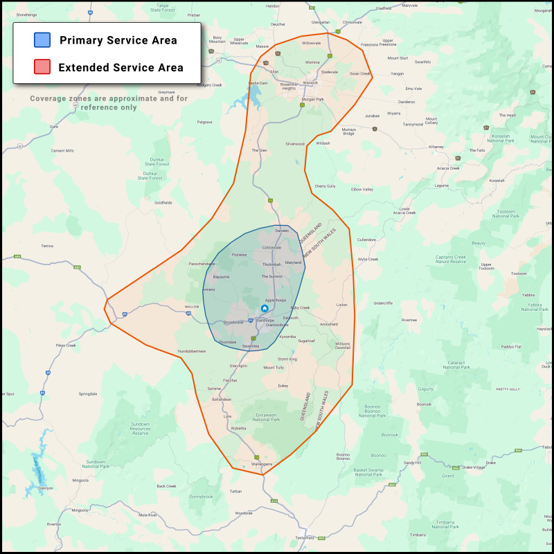 Map showing Stevens IT Services' primary and extended mobile tech support areas around Stanthorpe, Warwick, and Wallangarra